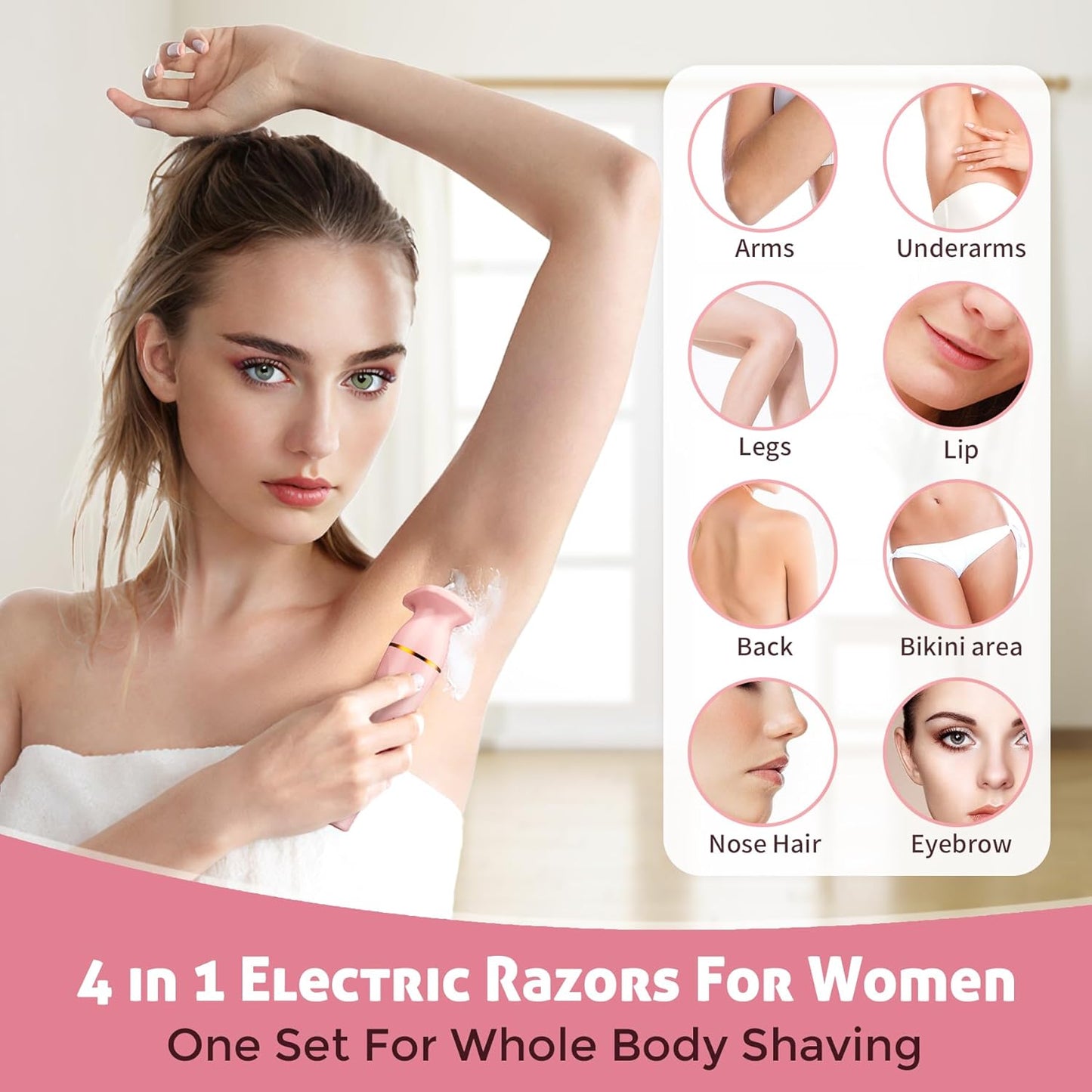 4 in 1 Women Electric Shavers, Hair Trimmer for Pubic, Legs, Arm, Underarm, Bikini, Face Shaver for Women, Rechargeable Hair Removal Epliators, Birthday, Christmas, Gifts (Pink)