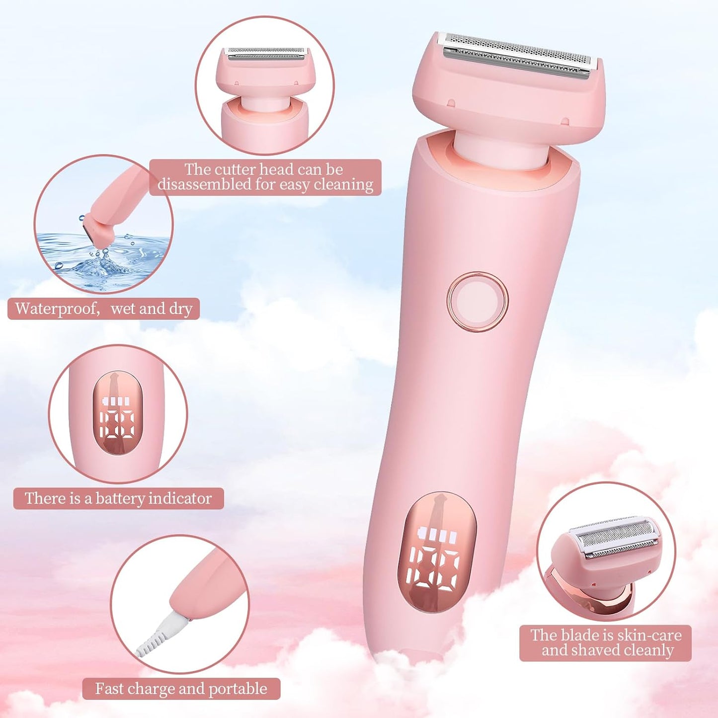 Electric Shaver for Women for Legs Electric Razor for Women Portable Lady Razors Bikini Face Underarm Public Hairs Rechargeable Trimmer with Detachable Head Cordless Wet Dry Use
