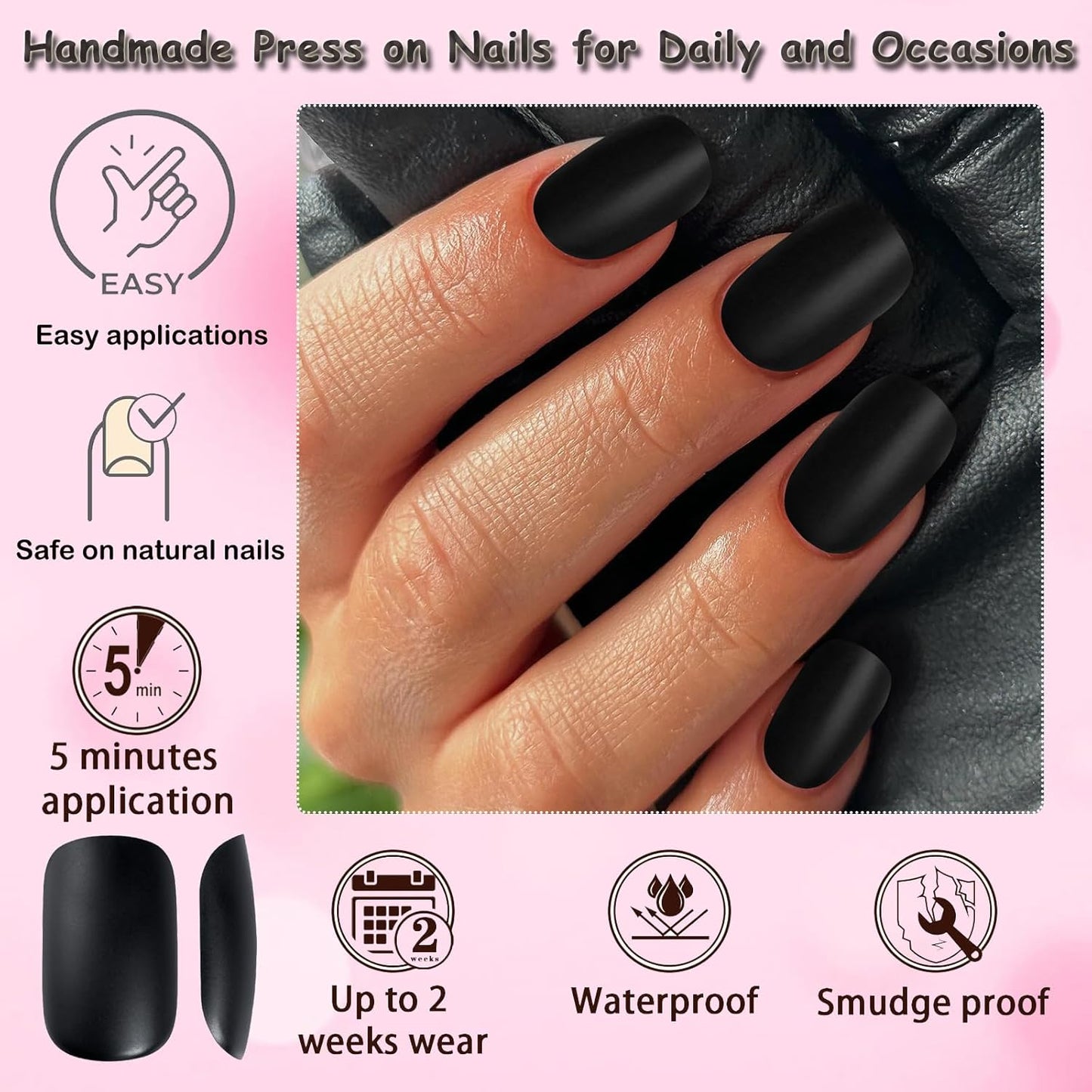 360Pc Square Press on Nails with Glue Tabs, Medium Squoval Artificial Nails Black Acrylic Press Ons