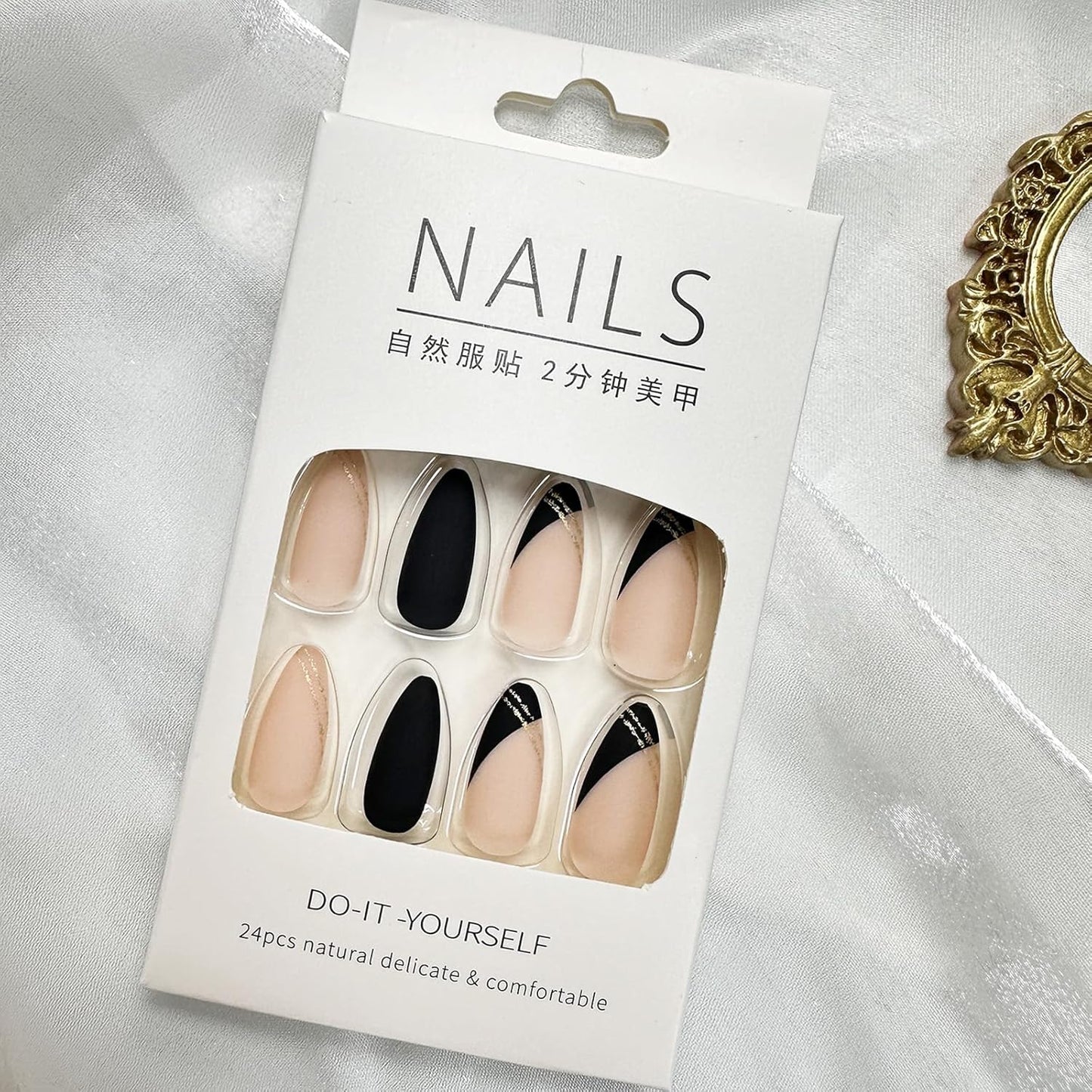 Black Press on Nails Medium Almond Fake Nails Matte False Nails Press Ons with Designs French Tip Acrylic Full Cover Glue on Nails Halloween Stick on Nail for Women Manicure 24 Pcs
