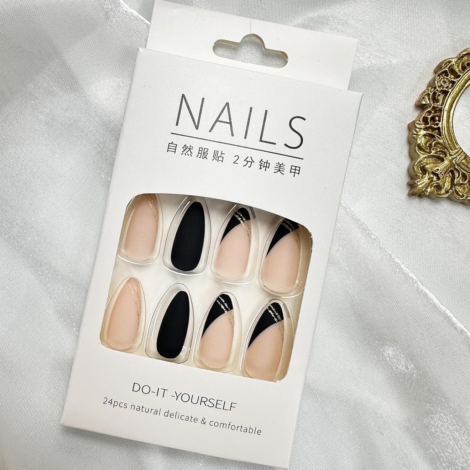 Black Press on Nails Medium Almond Fake Nails Matte False Nails Press Ons with Designs French Tip Acrylic Full Cover Glue on Nails Halloween Stick on Nail for Women Manicure 24 Pcs
