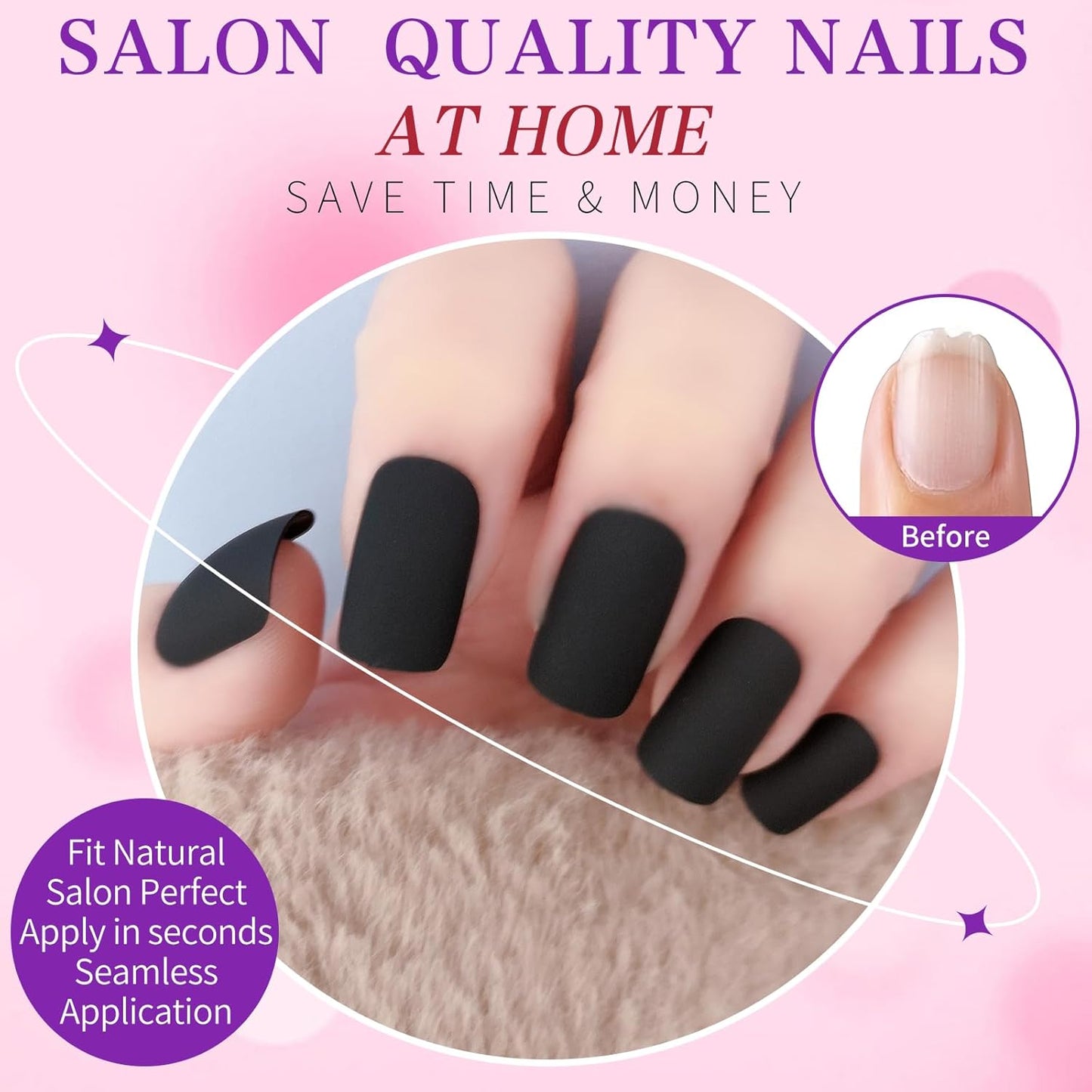 360Pc Square Press on Nails with Glue Tabs, Medium Squoval Artificial Nails Black Acrylic Press Ons