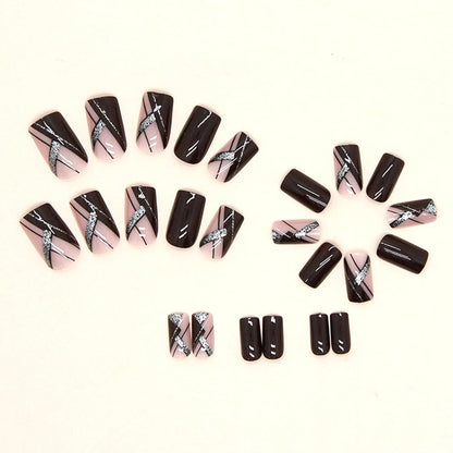 Medium Press on Nails Acrylic Nails Press on Medium Length Press on Nails Fake Nails Square Liquor Red False Nails with Glitter Line Press Ons Design Artificial Stick on Nails for Women 24Pcs