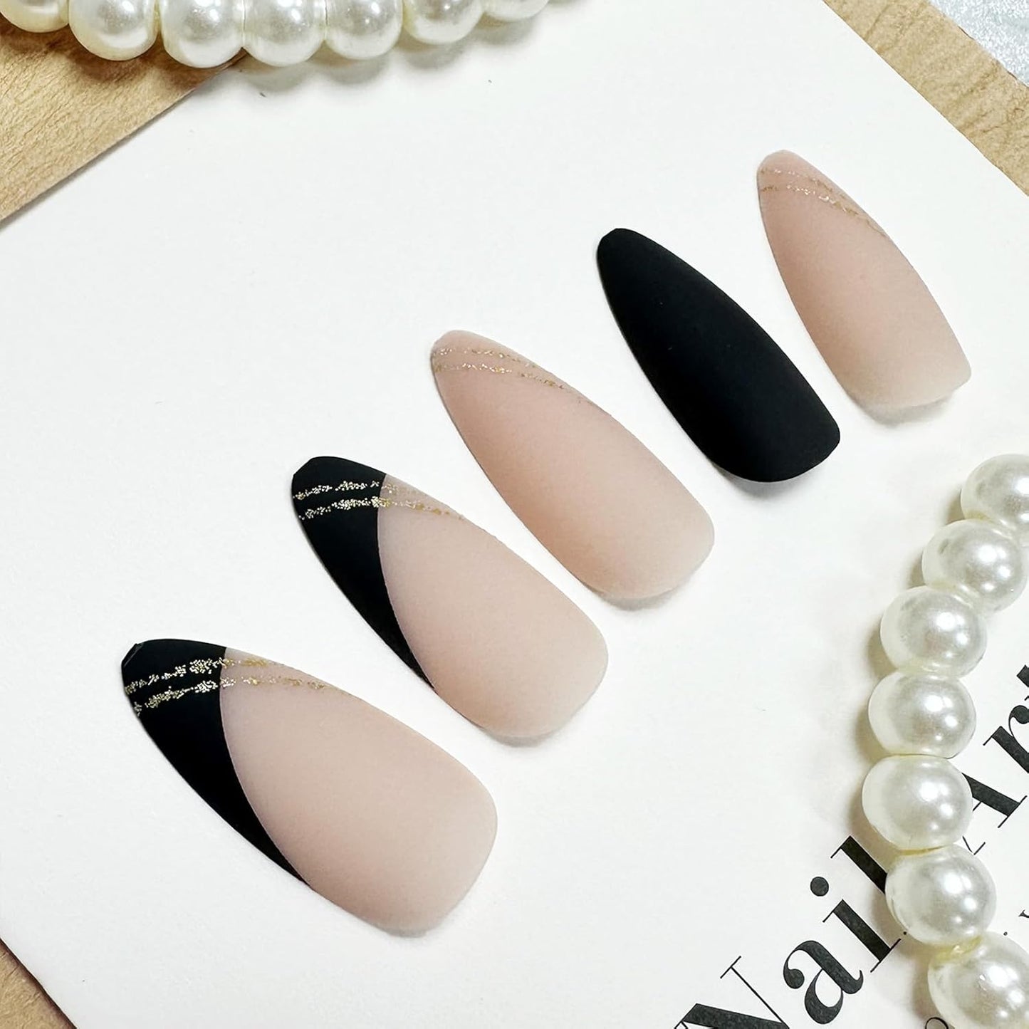 Black Press on Nails Medium Almond Fake Nails Matte False Nails Press Ons with Designs French Tip Acrylic Full Cover Glue on Nails Halloween Stick on Nail for Women Manicure 24 Pcs