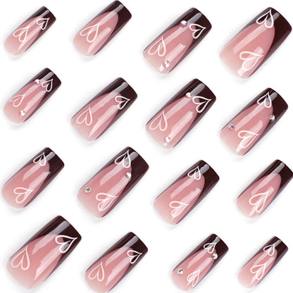 French Tip Press on Nails - Square Medium Long Brown Pink Heart Rhinestone False Nails - Women'S Glue on Acrylic Gel Stick on Glitter Fantasy Wedding Birthday