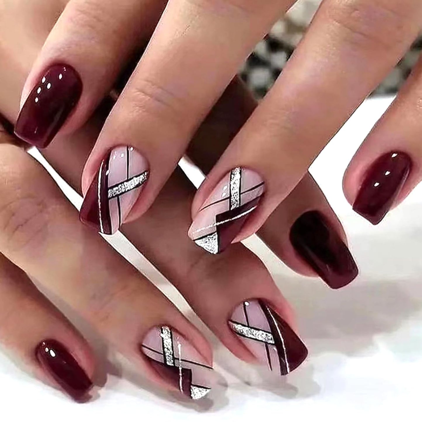 Medium Press on Nails Acrylic Nails Press on Medium Length Press on Nails Fake Nails Square Liquor Red False Nails with Glitter Line Press Ons Design Artificial Stick on Nails for Women 24Pcs