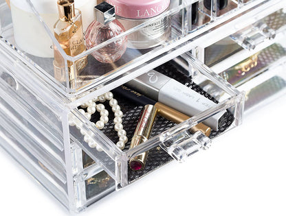 Clear Makeup Organizer - 16-Compartment Cosmetic and Jewelry Holder with 4 Drawers - Vanity Storage Box for Makeup, Skincare, Accessories, and Jewelry Display