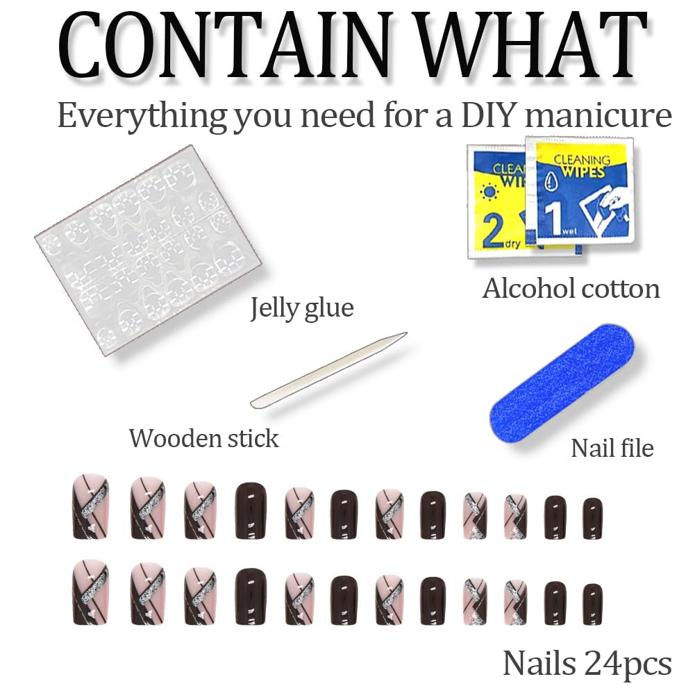 Medium Press on Nails Acrylic Nails Press on Medium Length Press on Nails Fake Nails Square Liquor Red False Nails with Glitter Line Press Ons Design Artificial Stick on Nails for Women 24Pcs