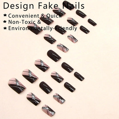 Medium Press on Nails Acrylic Nails Press on Medium Length Press on Nails Fake Nails Square Liquor Red False Nails with Glitter Line Press Ons Design Artificial Stick on Nails for Women 24Pcs