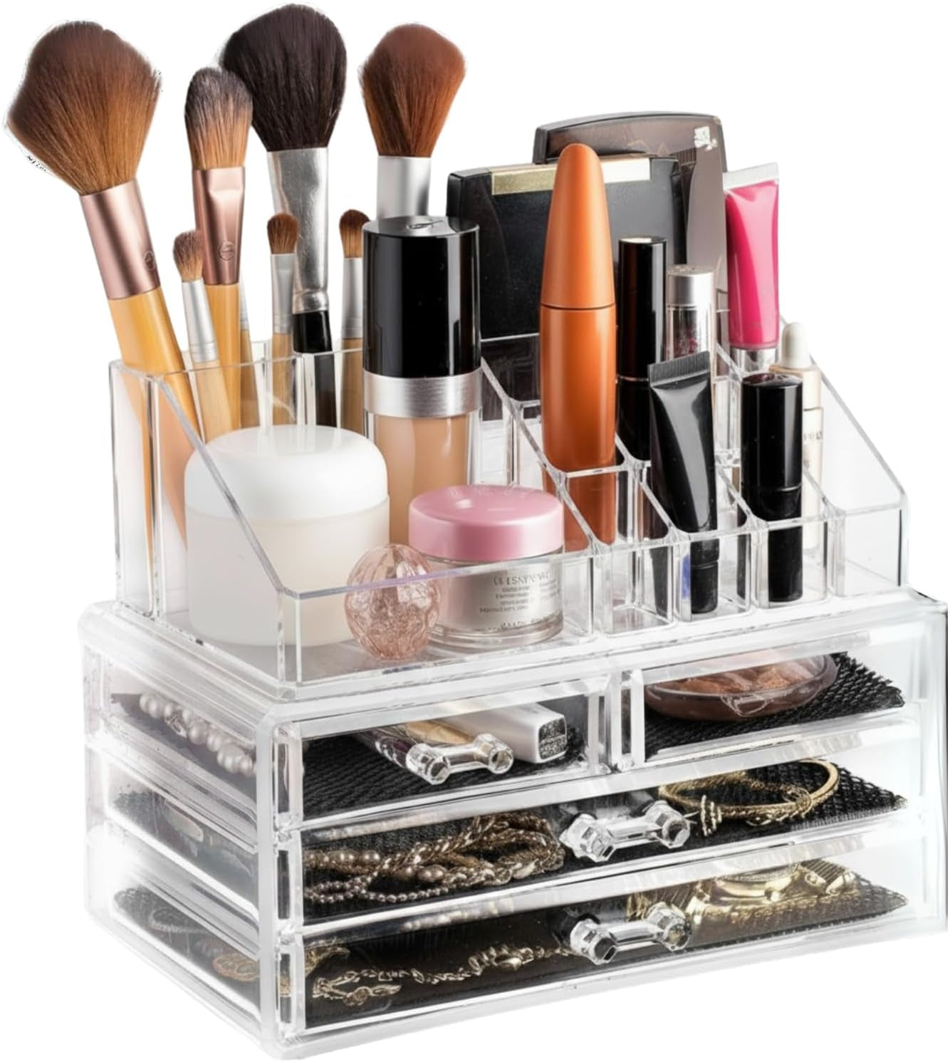 Clear Makeup Organizer - 16-Compartment Cosmetic and Jewelry Holder with 4 Drawers - Vanity Storage Box for Makeup, Skincare, Accessories, and Jewelry Display
